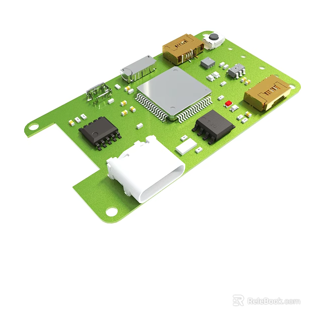 Green Circuit Board With Electronic Components Chips Resistors And Connectors 3d model 