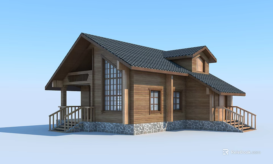 Rustic Wooden House Featuring Black Tiled Roof Porch Large Windows And Stone Foundation 3d model 