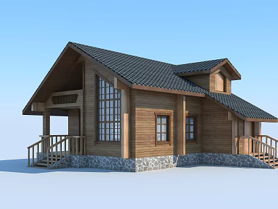 Rustic Wooden House Featuring Black Tiled Roof Porch Large Windows And Stone Foundation 3d model