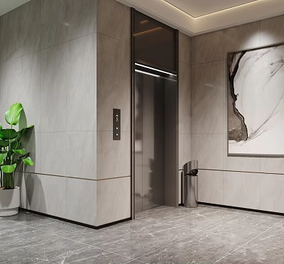 Modern Elevator Hallway Interior Design With Gray Stone Walls Potted Plant Abstract Painting And Marble Floor 3d model