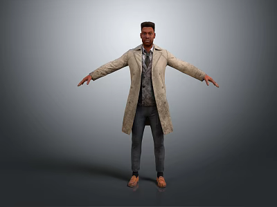 Man In Beige Coat With Shirt And Tie Standing With Arms Outstretched On Gray Background 3d model