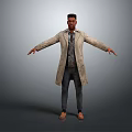 Man In Beige Coat With Shirt And Tie Standing With Arms Outstretched On Gray Background