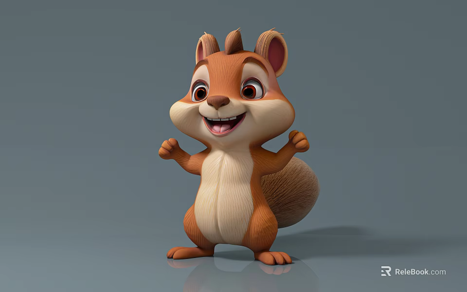 Cute 3D Cartoon Squirrel With Brown White Fur Smiling And Raising Hands On Gray Background 3d model 