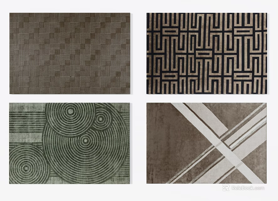 Assorted Square Rugs With Geometric Woven Circular And Intersecting Line Patterns 3d model
