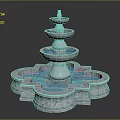 Multi Tiered Marble Fountain With Blue Water And Decorative Round Base Design