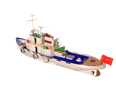 Blue And White Model Yacht With Upper Deck Red Flag And Mast 3d model