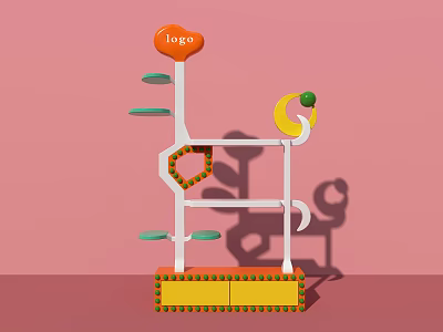 Creative Display Shelf with Layered Shelves Logo on Top Yellow Moon and Green Ball Decor 3d model