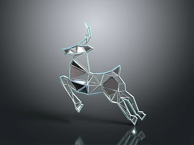 Polygonal Deer Sculpture In Jumping Pose With Transparent Metallic Shiny Surface On Dark Background 3d model