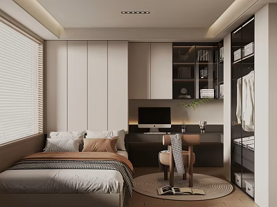 Modern Tatami Bedroom Interior Design With Comfortable Bed Desk Chair And Wardrobe 3d model