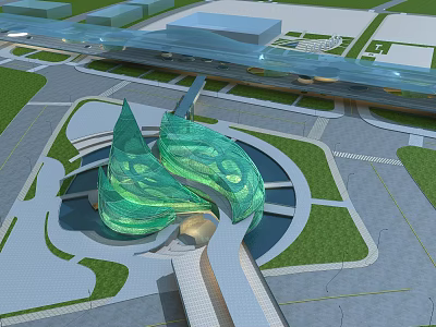 Modern Station Exterior With Unique Green Streamlined Architectural Structure And Surrounding Landscape 3d model