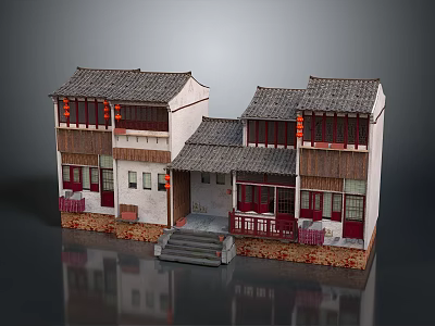 Traditional Chinese Residential Architecture With Grey Tile Roof Red Doors Windows And Hanging Lanterns 3d model