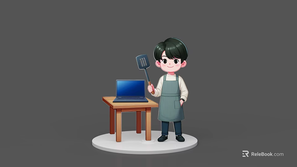 Cute Game and Movie Character Wearing Apron Holding Spatula Standing by Small Table with Laptop 3d model 
