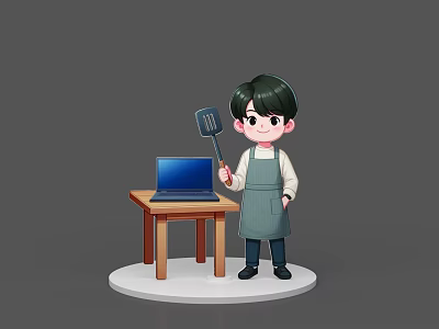 Cute Game and Movie Character Wearing Apron Holding Spatula Standing by Small Table with Laptop 3d model