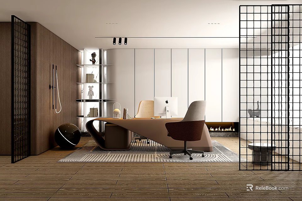 Modern Office Interior Featuring Wooden Desk Comfortable Chairs Open Shelves Grid Partition And Striped Rug 3d model 