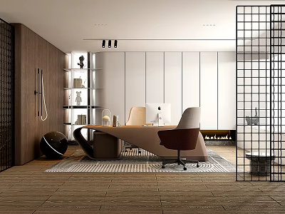 Modern Office Interior Featuring Wooden Desk Comfortable Chairs Open Shelves Grid Partition And Striped Rug 3d model