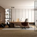 Modern Office Interior Featuring Wooden Desk Comfortable Chairs Open Shelves Grid Partition And Striped Rug