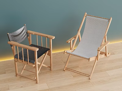 Stylish Lounge Chairs With Wooden Frame And Gray Black Woven Seats In Indoor Setting 3d model