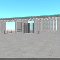 Modern Entrance Gate With Gray Stone Structure Metal Grille Design And Blue Sky Plaza View