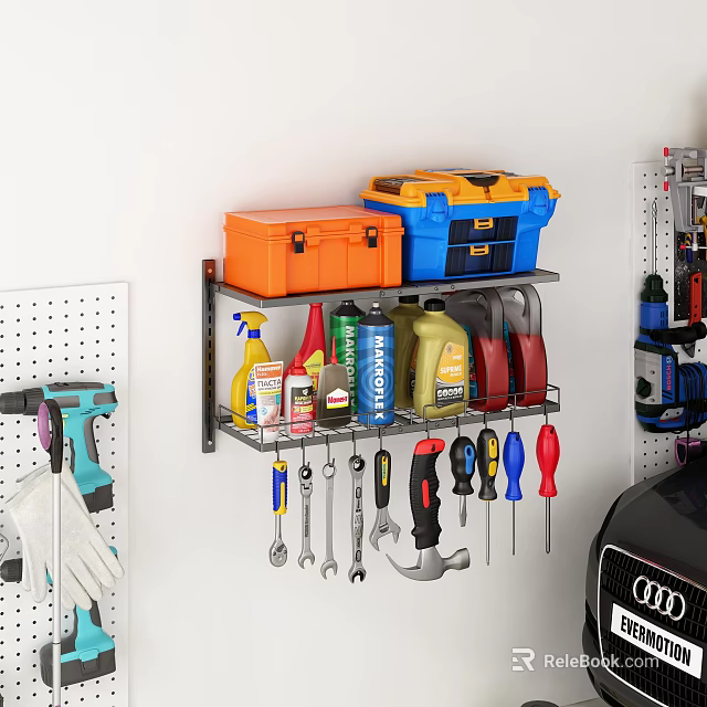 Practical Wall Mounted Storage Shelf With Hand Tools Colorful Toolboxes And Cleaning Supplies 3d model