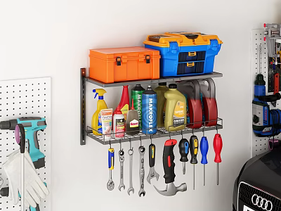 Practical Wall Mounted Storage Shelf With Hand Tools Colorful Toolboxes And Cleaning Supplies 3d model