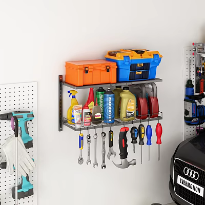 Practical Wall Mounted Storage Shelf With Hand Tools Colorful Toolboxes And Cleaning Supplies 3d model