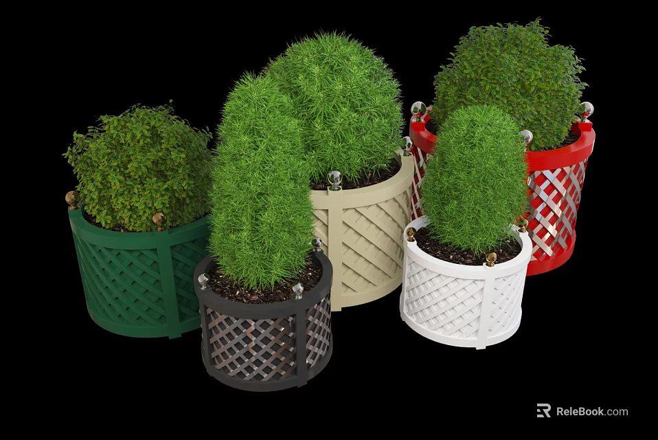 Multiple Green Bonsai Potted Plants In Decorative Grilled Pots With Various Colors 3d model 