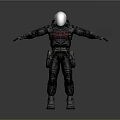 3D Game Movie Character In Black Gray Armor With Red Chest Symbol And Extended Arms