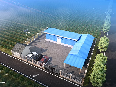 Lush Garden Landscape With Blue Roof Buildings Green Fields Fence Trees And Parking Area 3d model