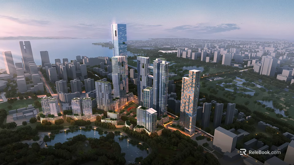 Aerial Urban Planning Featuring Modern High Rise Buildings And Waterfront Cityscape 3d model 