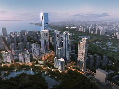 Aerial Urban Planning Featuring Modern High Rise Buildings And Waterfront Cityscape 3d model