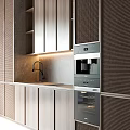 Modern Kitchen Interior With Wooden Cabinets Marble Countertop Built in Appliances And Under Cabinet Lighting