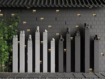 Traditional Stone Sculptures On Pillars With Animal Heads Gray Brick Wall Tile Roof And Bamboo 3d model