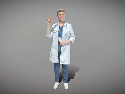 Woman Doctor in White Coat with Stethoscope Pointing Up on Gray Background 3d model