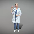 Woman Doctor in White Coat with Stethoscope Pointing Up on Gray Background