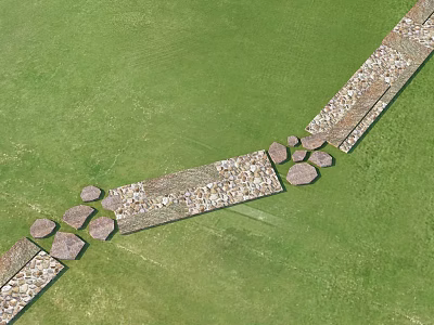 Delightful Garden Decor Featuring Stone Paved Walkway And Scattered Round Stones On Green Lawn 3d model