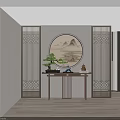 Chinese Console Table With Circular Landscape Painting Lattice Screen Pine Bonsai And Tower Ornament