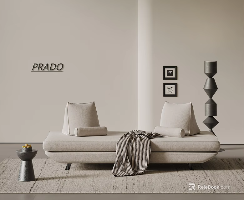 Modern Beige Two Seater Sofa With Cushions Blanket Side Table Framed Pictures And Floor Lamp 3d model 