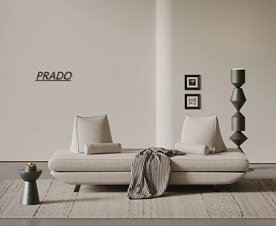 Modern Beige Two Seater Sofa With Cushions Blanket Side Table Framed Pictures And Floor Lamp 3d model
