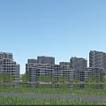 Modern High Rise Residential Buildings With Green Lawns Trees And Waterfront Scenic View