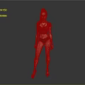 Woman in red top and dark lingerie posing with high heels on gray background