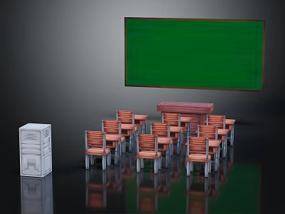 Cartoon Style Classroom Scene With Green Chalkboard Teacher Desk Wooden Chairs And White Cabinet 3d model