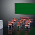 Cartoon Style Classroom Scene With Green Chalkboard Teacher Desk Wooden Chairs And White Cabinet