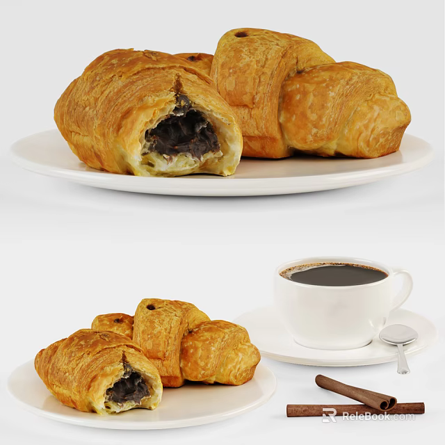 Delicious Fresh Chocolate Filled Croissants With Hot Coffee On White Plates 3d model 