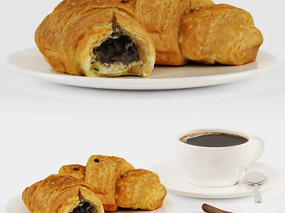 Delicious Fresh Chocolate Filled Croissants With Hot Coffee On White Plates 3d model