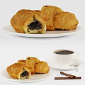 Delicious Fresh Chocolate Filled Croissants With Hot Coffee On White Plates