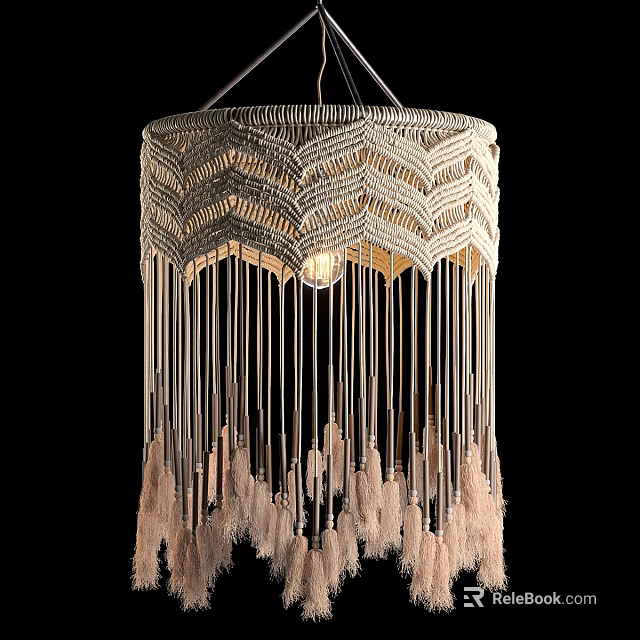 Bohemian Macramé Chandelier With Hanging Feather Tassels and Neutral Design Details 3d model 