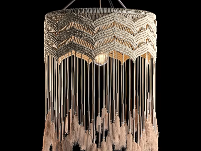Bohemian Macramé Chandelier With Hanging Feather Tassels and Neutral Design Details 3d model