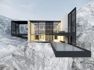 Modern Detached Villa With Large Glass Windows Overhanging Terrace And Rocky Mountain Surroundings 3d model
