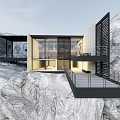 Modern Detached Villa With Large Glass Windows Overhanging Terrace And Rocky Mountain Surroundings