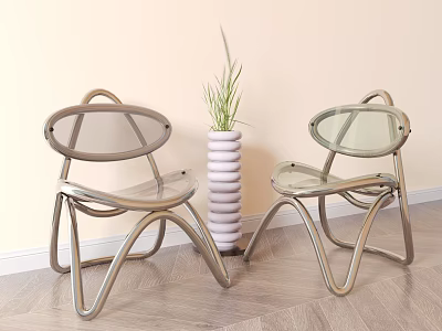Two Transparent Leisure Chairs With Metal Frame White Layered Vase And Green Plant 3d model